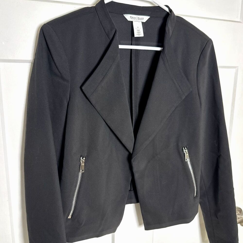 White House Black Market Womens 6 Black Blazer Cropped Zip Pockets Career WHBM